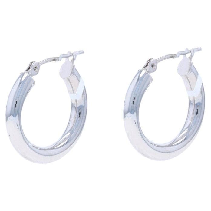 White Gold Round Hoop Earrings - 14k Pierced For Sale