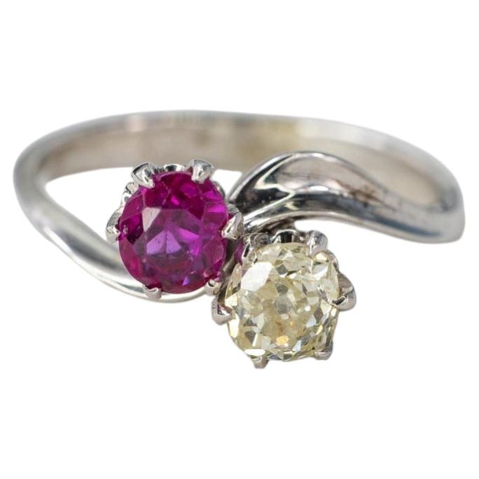 White Gold Round Ruby and Diamond Bypass Toi et Moi Ring For Sale