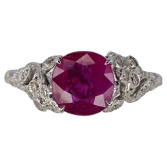 White Gold Round Ruby & Diamond Leaf Filigree Ring
