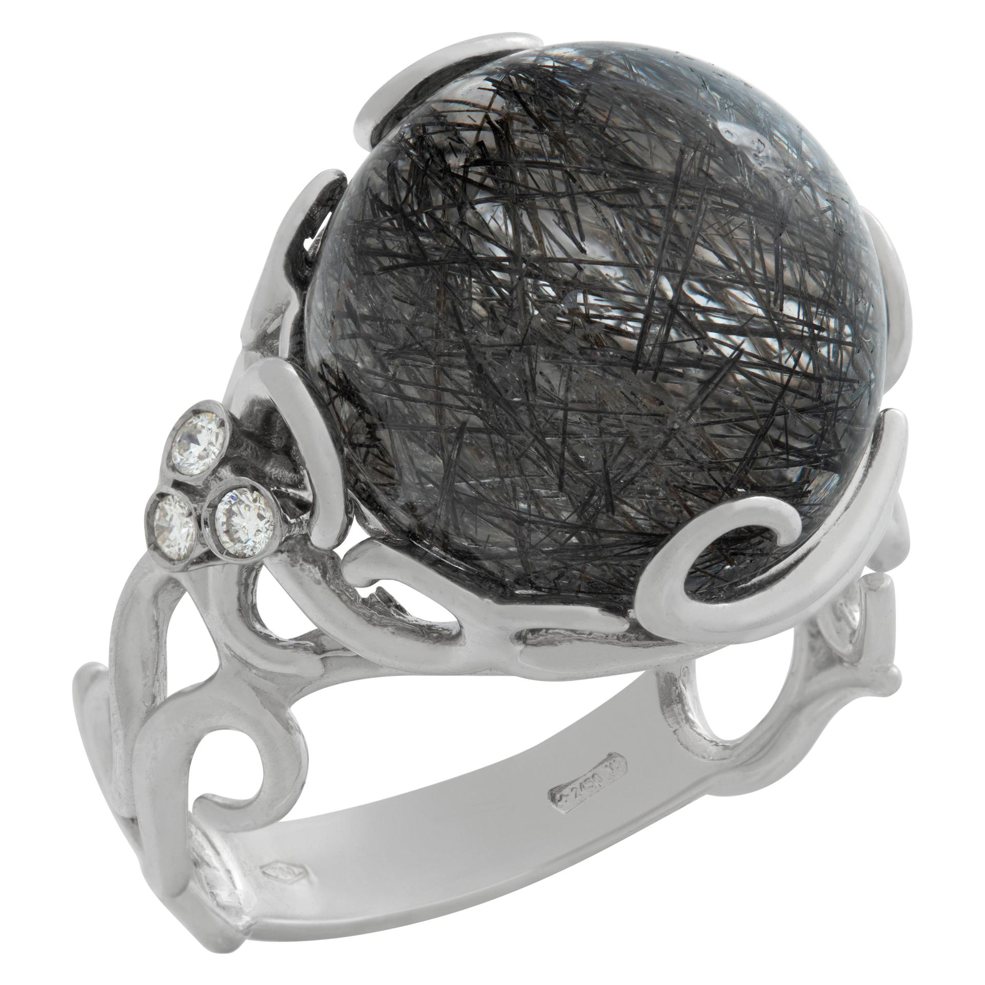 Round Cut White gold routiled quartz ring with diamond accents