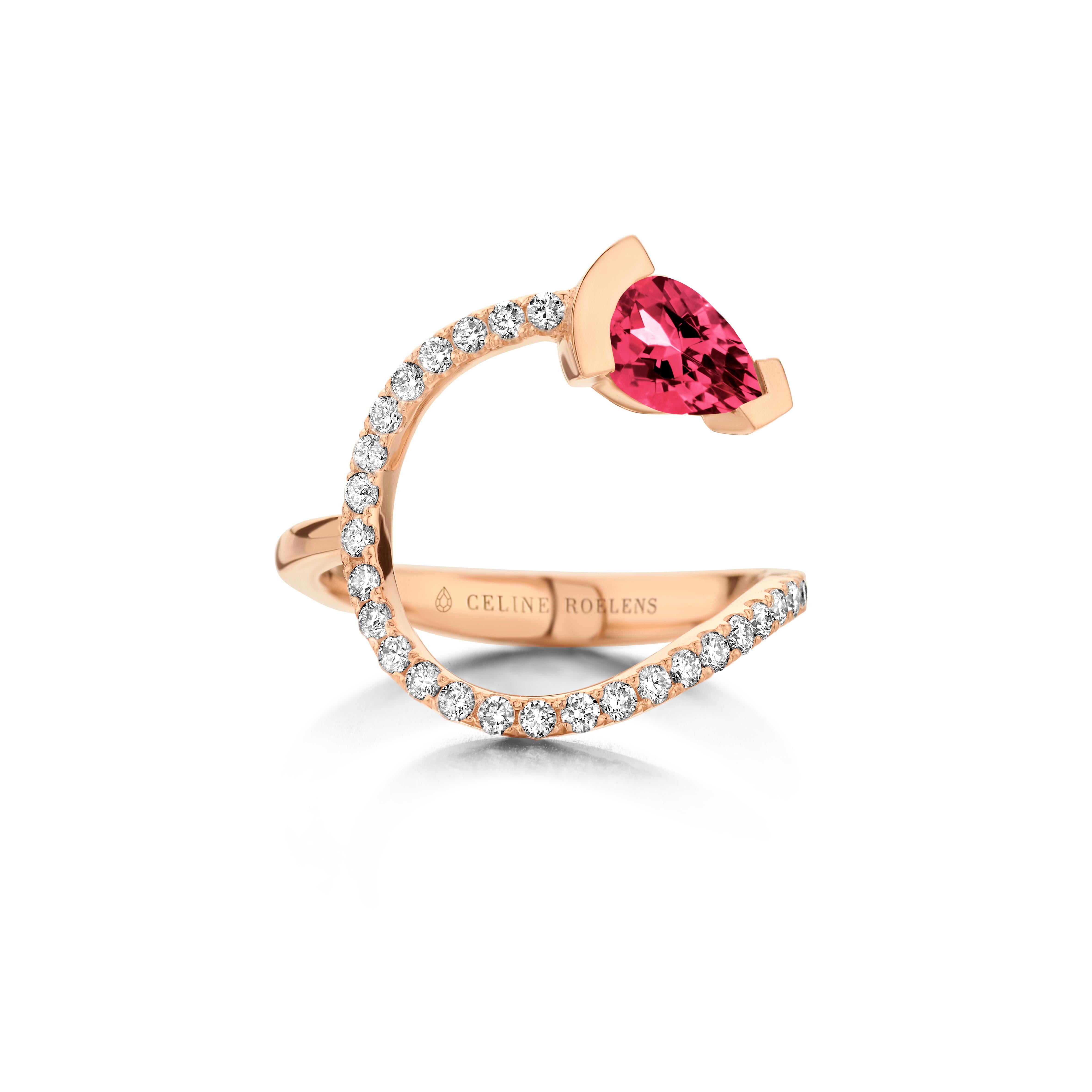ADELINE curved ring in 18Kt white gold set with a pear shaped Rubellite and 0,33 Ct of white brilliant cut diamonds - VS F quality.