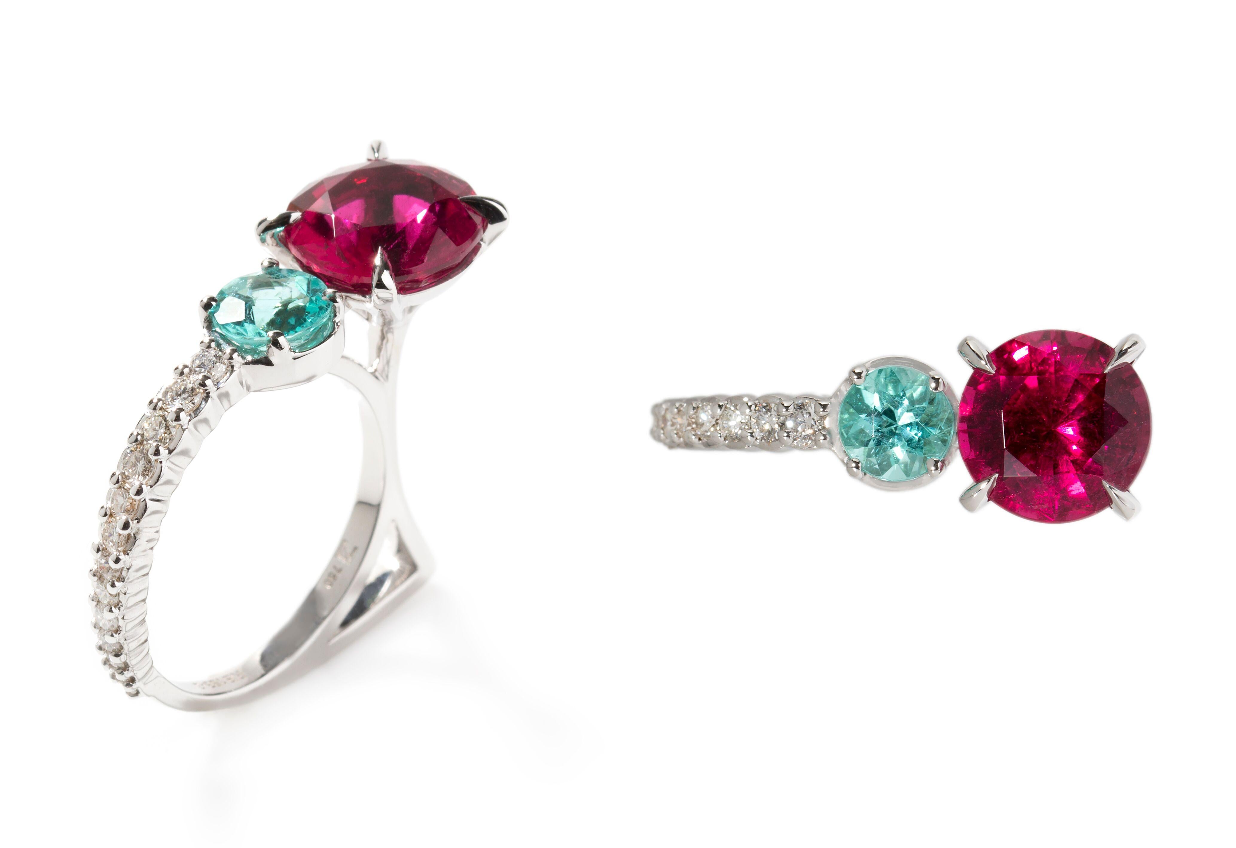 18 Karat Cat-style ring with round-faceted 3.83 Carat Rubellite, round-faceted 0.82 Carat Paraiba Tourmaline and 0.25 Carat round brilliant White Diamonds.  This unique ring has been designed exclusively by Brazilian jewellery designer Ara Vartanian