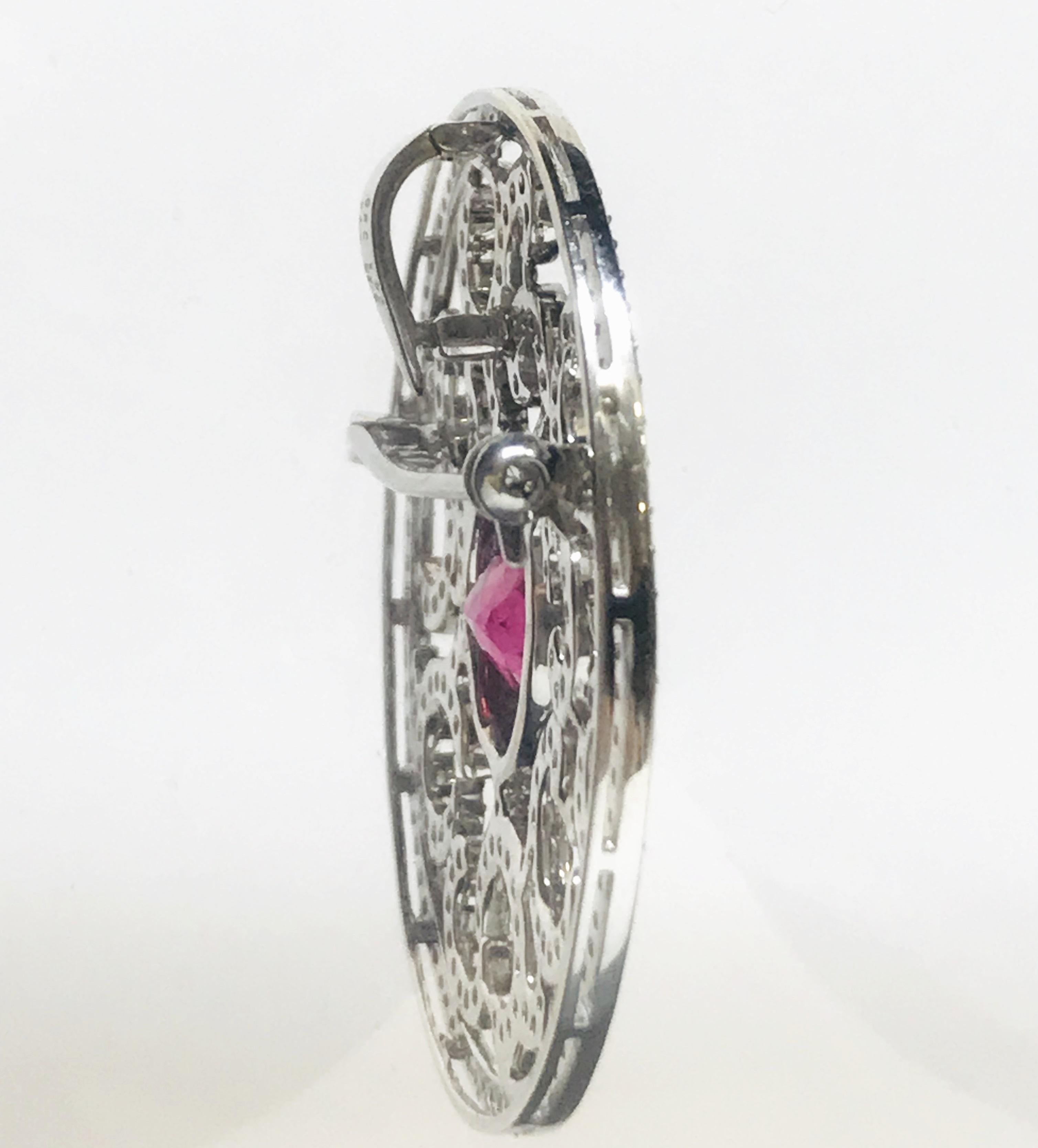 White Gold, Rubellite, Ruby, Pink Sapphire Diamond Pendant/Brooch In New Condition For Sale In San Francisco, CA