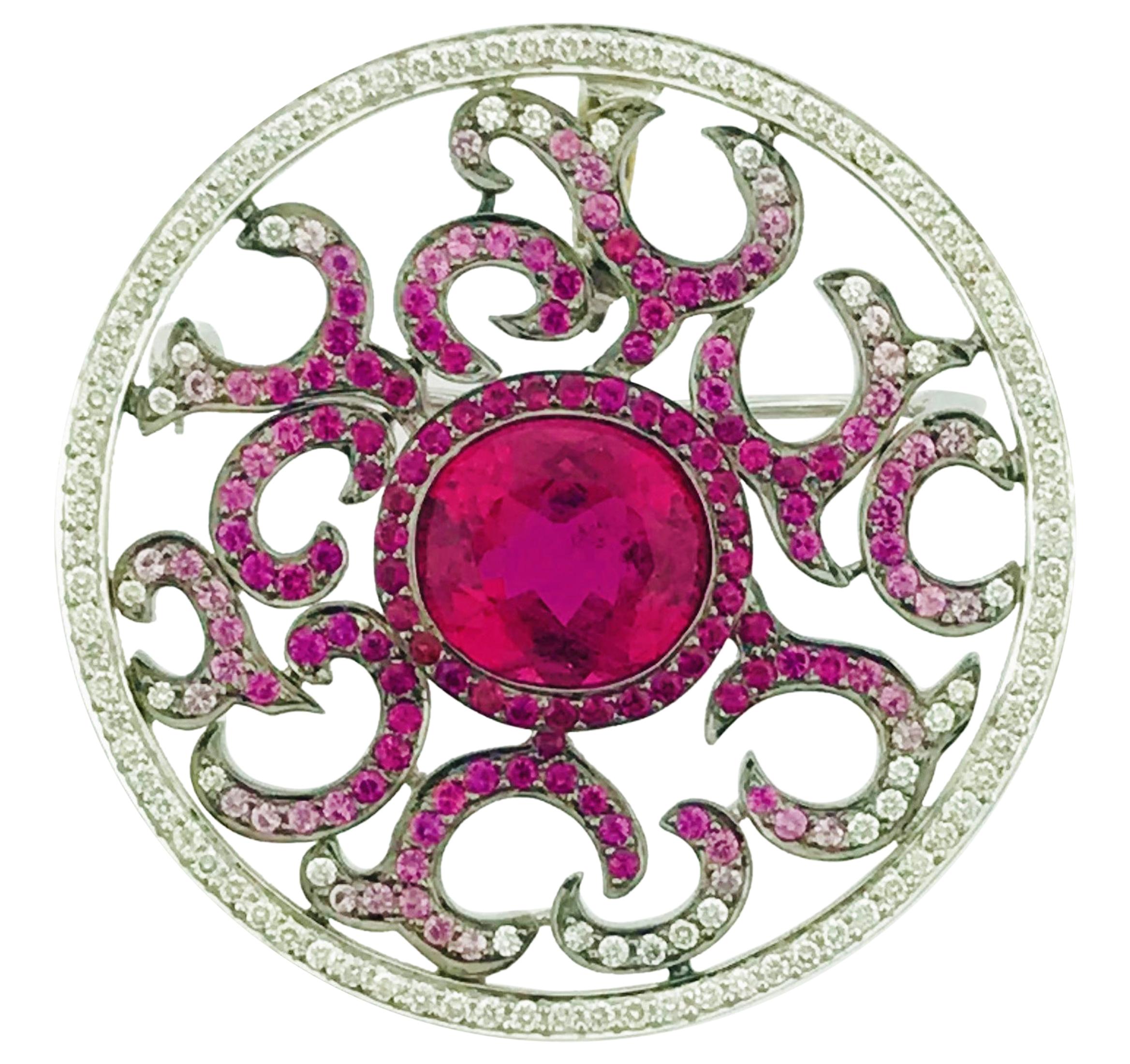 White Gold, Rubellite, Ruby, Pink Sapphire Diamond Pendant/Brooch For Sale