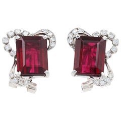 White Gold Rubellite Tourmaline Diamond Retro Stud Earrings 18k Emerald 9.58ctw