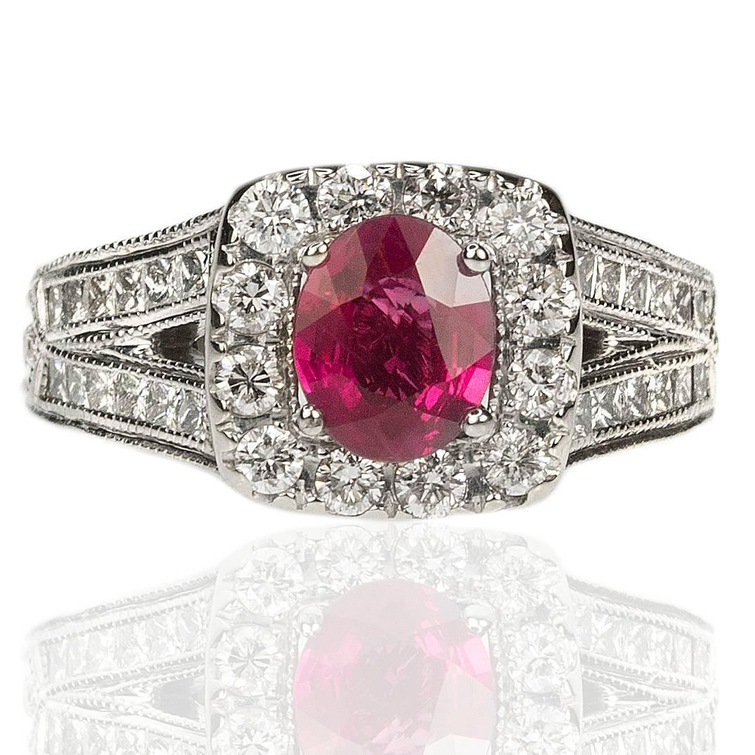 White Gold ring by Neil Lane containing one 1.10 carat fine ruby and approxiamately 1.20 carats of princess cut and round brilliant diamonds.