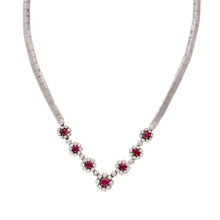 Brilliant Cut White Gold, Ruby and Diamond Necklace For Sale
