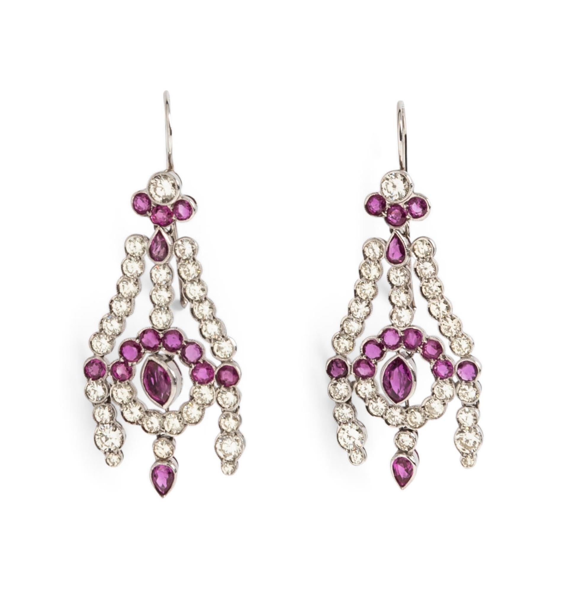Round Cut White Gold, Ruby, and Diamond Chandelier Earrings For Sale