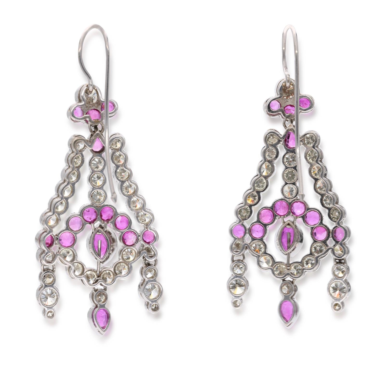 White Gold, Ruby, and Diamond Chandelier Earrings In Excellent Condition For Sale In New York, NY