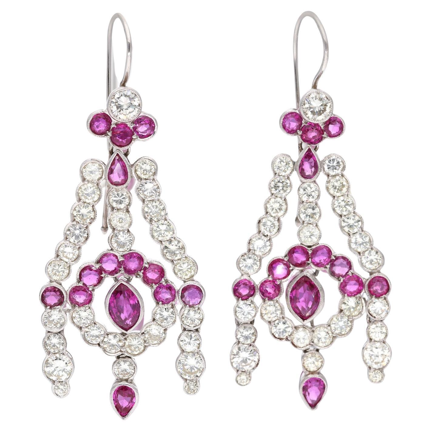 White Gold, Ruby, and Diamond Chandelier Earrings For Sale