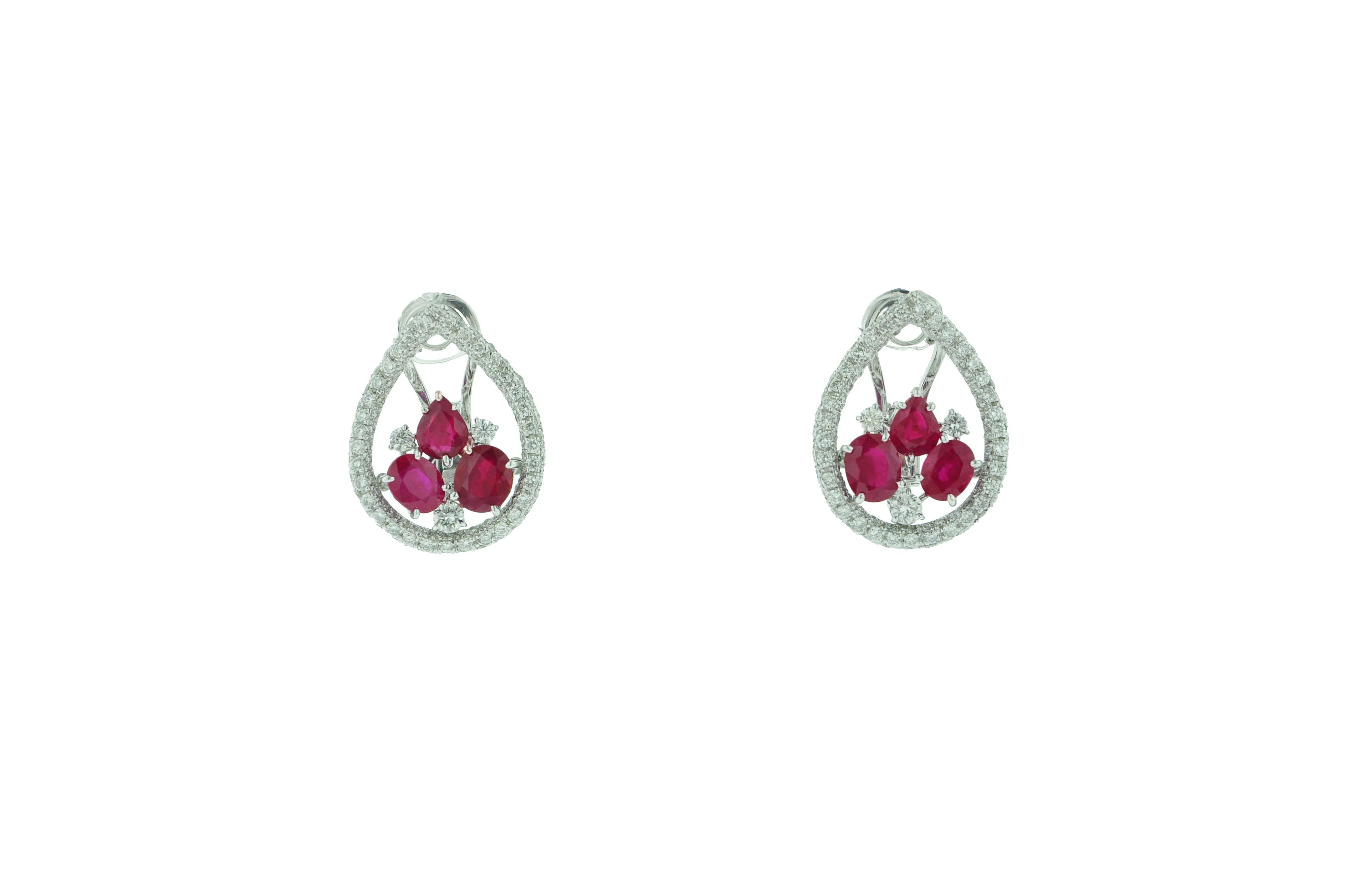 Women's Ruby Diamond White Gold Clip-On Earrings For Sale