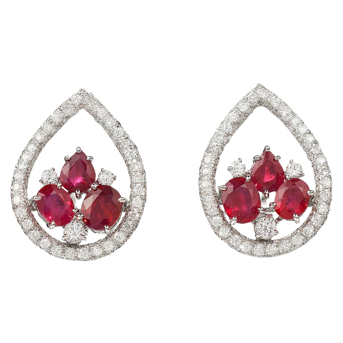 Ruby Diamond White Gold Clip-On Earrings For Sale