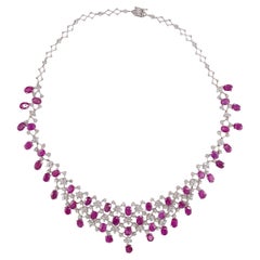 White Gold Ruby and Diamond Fringe Necklace