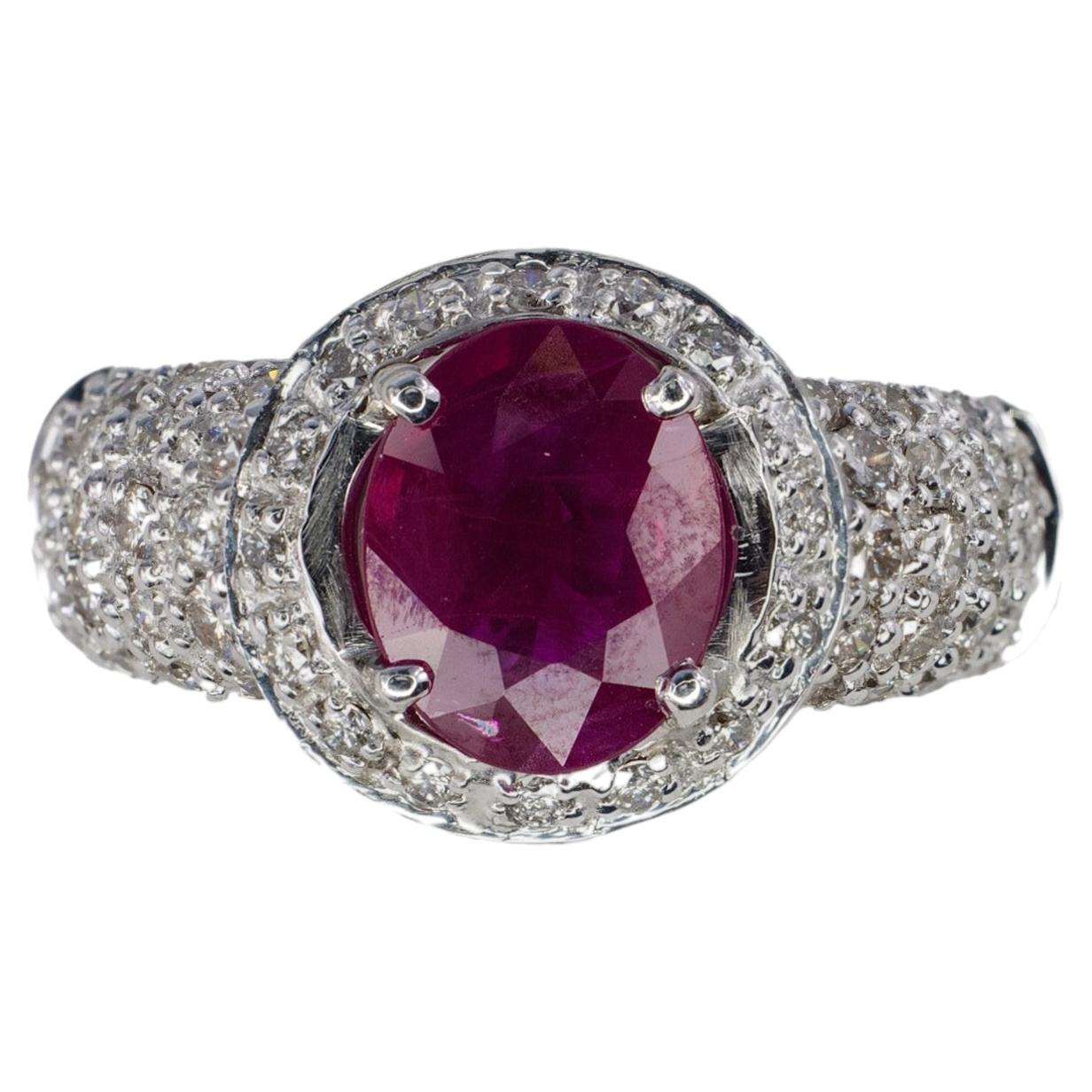 White Gold Ruby and Diamond Halo Multi Row Pavé Ring For Sale