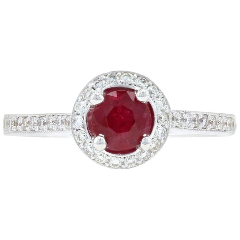 White Gold Ruby and Diamond Halo Ring, 14 Karat Round .74 Carat Cathedral For Sale