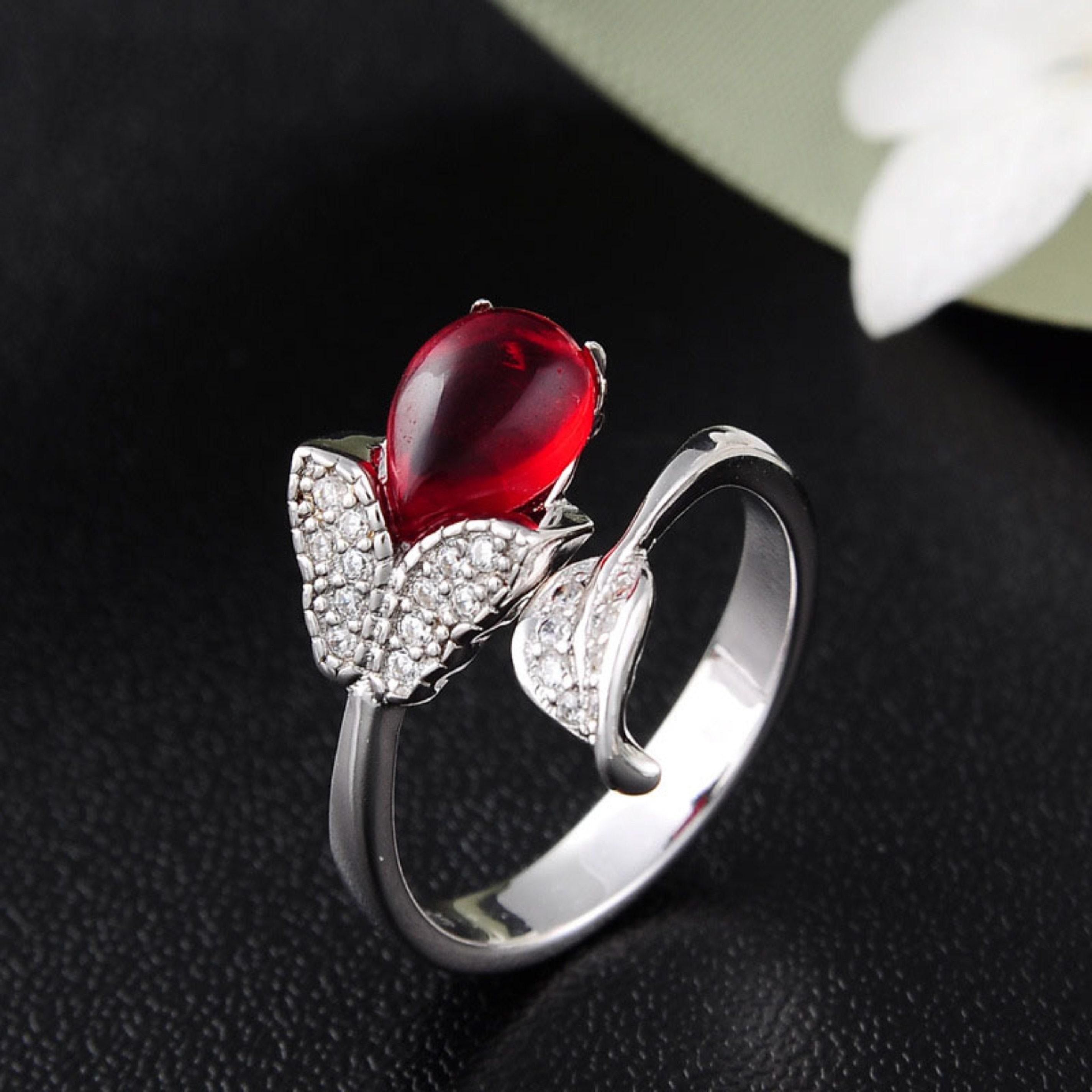 For Sale:  Art Deco Style 2 CT Floral Red Ruby Diamond Open Style Cocktail Ring or Fashion 3