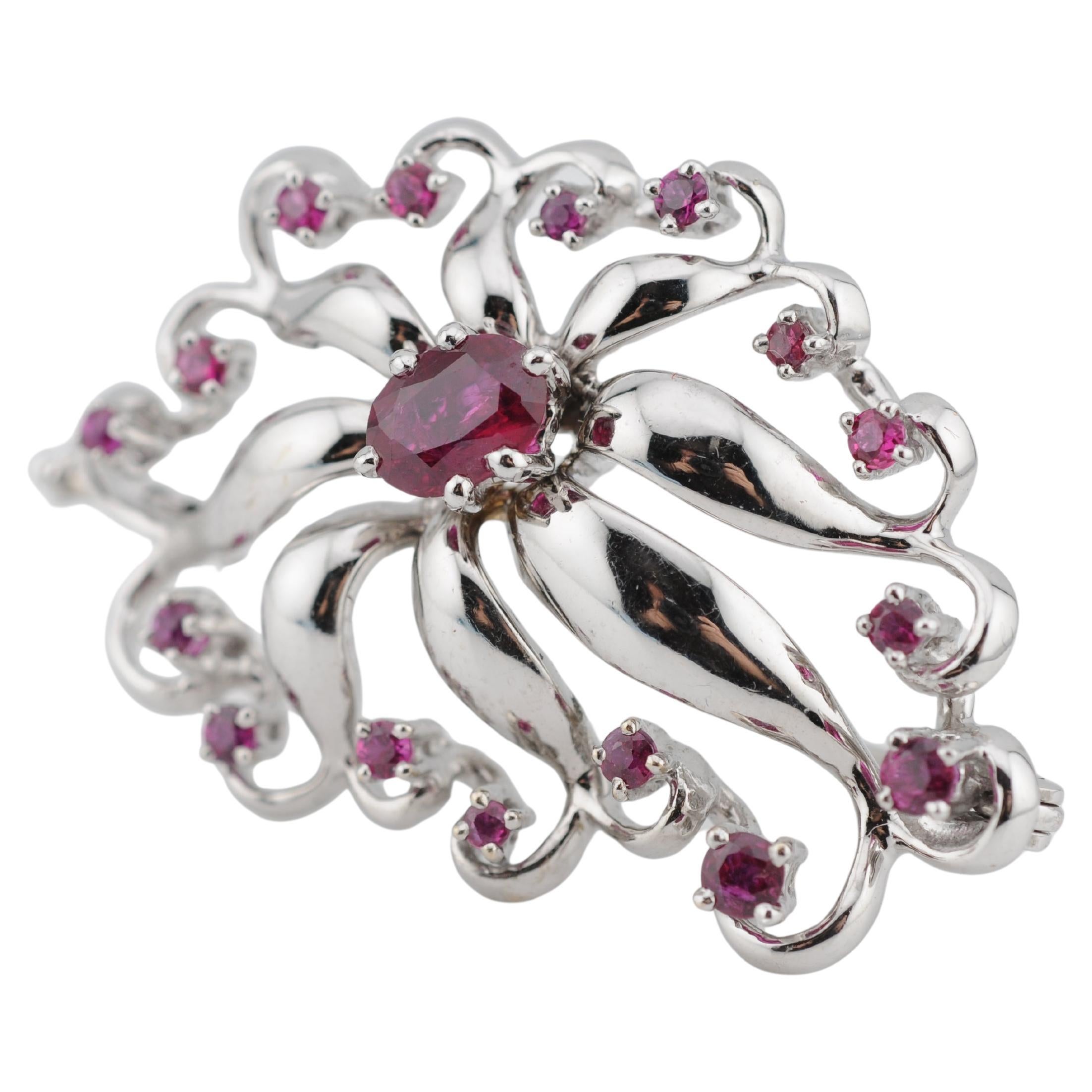 White Gold Ruby Brooch Floral Design, approx. 2.5 ct Natural Rubies