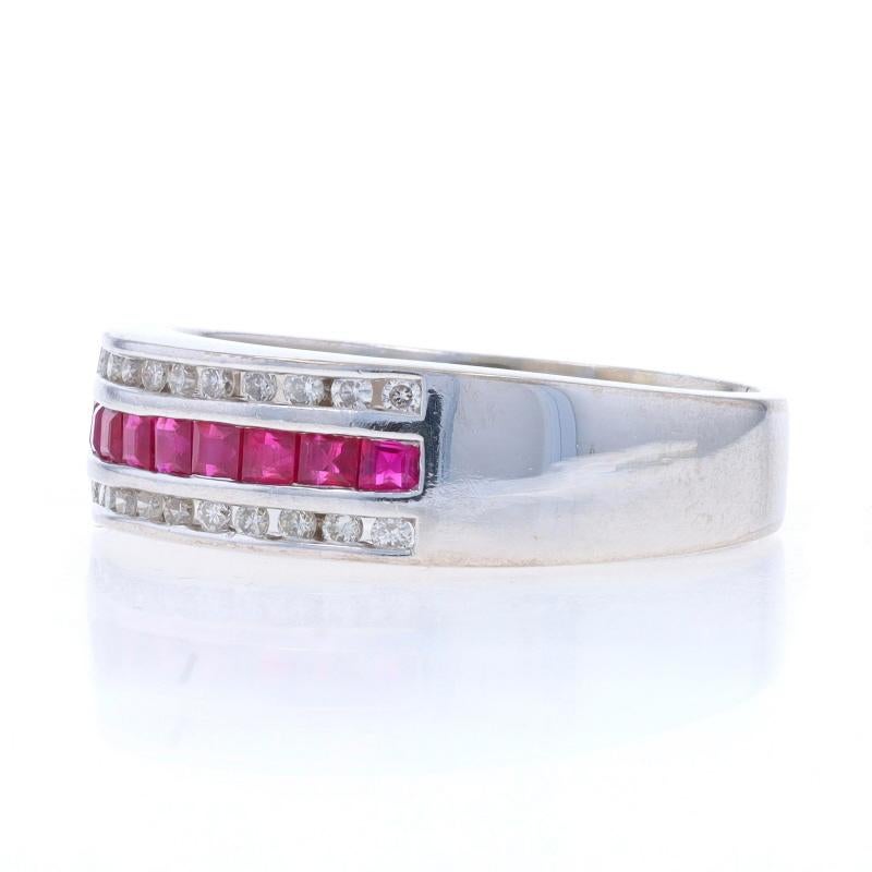 Round Cut White Gold Ruby & Diamond Band - 14k Square .69ctw Stripe Ring For Sale