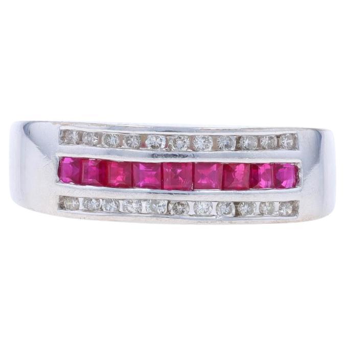 White Gold Ruby & Diamond Band - 14k Square .69ctw Stripe Ring For Sale