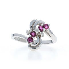White Gold Ruby Diamond Cluster Bypass Ring - 10k Round .39ctw