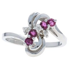 White Gold Ruby Diamond Cluster Bypass Ring - 10k Round .39ctw
