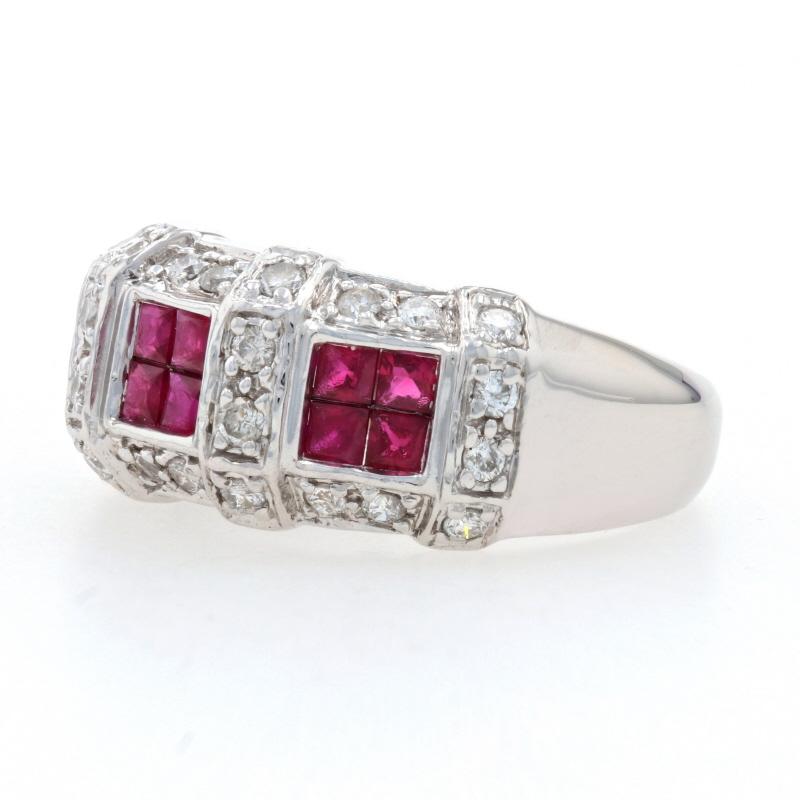 White Gold Ruby & Diamond Cluster Halo Band, 14k Square Cut 1.68ctw Ring In Excellent Condition In Greensboro, NC