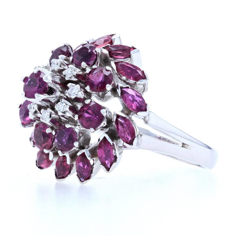 White Gold Ruby and Diamond Cluster Halo Cocktail Ring, 14k Round Cut 4.06 Carat In Excellent Condition In Greensboro, NC