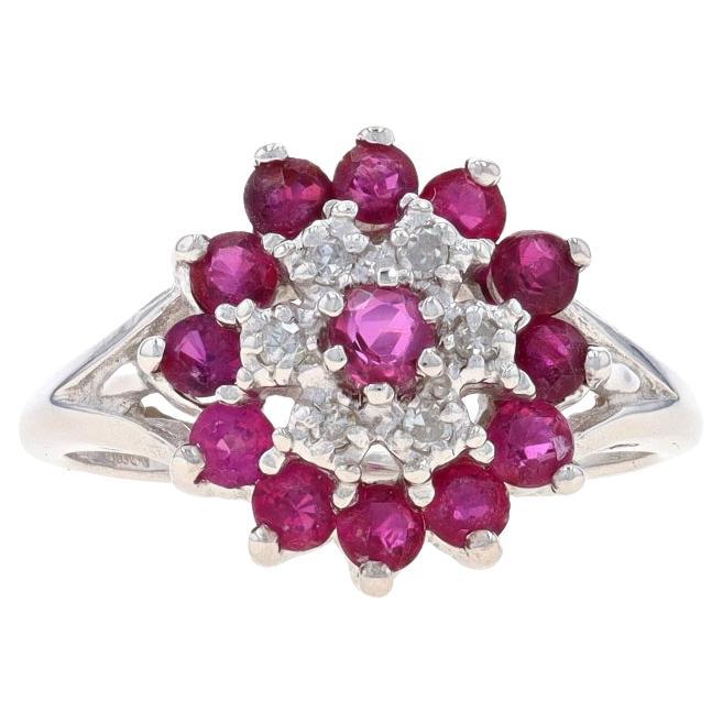 White Gold Ruby & Diamond Cluster Halo Ring - 10k Round 1.10ctw Floral For Sale