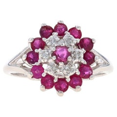 White Gold Ruby & Diamond Cluster Halo Ring - 10k Round 1.10ctw Floral