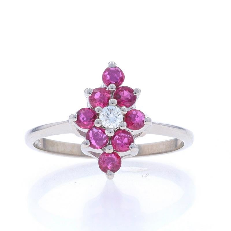 Size: 7
Sizing Fee: Up 3 sizes for $35 or Down 2 sizes for $35

Metal Content: 14k White Gold

Stone Information

Natural Rubies
Treatment: Heating
Carat(s): .80ctw
Cut: Round
Color: Purplish Red

Natural Diamonds
Carat(s): .08ct
Cut: Round