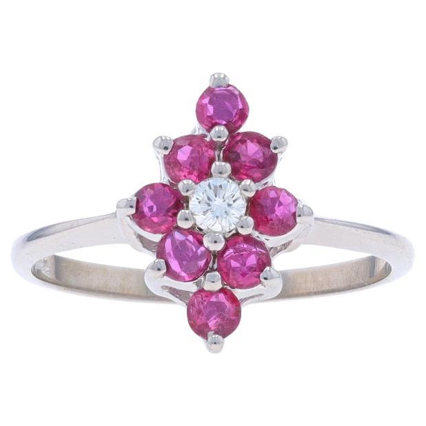 White Gold Ruby Diamond Cluster Halo Ring - 14k Round .88ctw For Sale