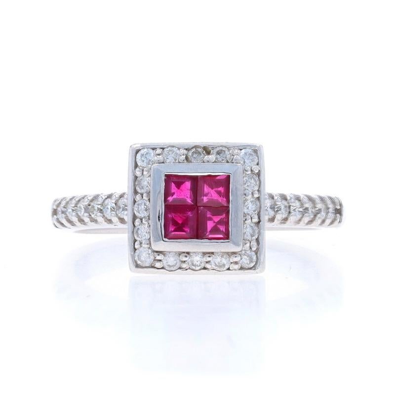 Taille : 7
Frais de taille : Up&Up 2 tailles pour $50 ou Down 1/2 taille pour $40

Contenu métallique : Or blanc 14k

Informations sur les pierres

Rubis naturel
Traitement : Chauffage
Carat(s) : .40ctw
Coupe : Carré
Couleur : rouge rosé

Diamants