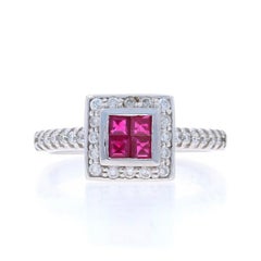 White Gold Ruby Diamond Cluster Halo Ring - 14k Square .74ctw Engagement