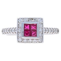 White Gold Ruby Diamond Cluster Halo Ring - 14k Square .74ctw Engagement