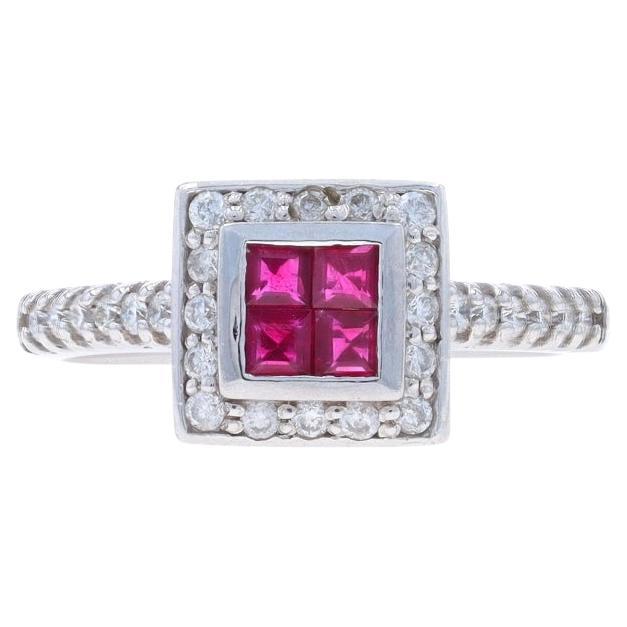 White Gold Ruby Diamond Cluster Halo Ring - 14k Square .74ctw Engagement For Sale