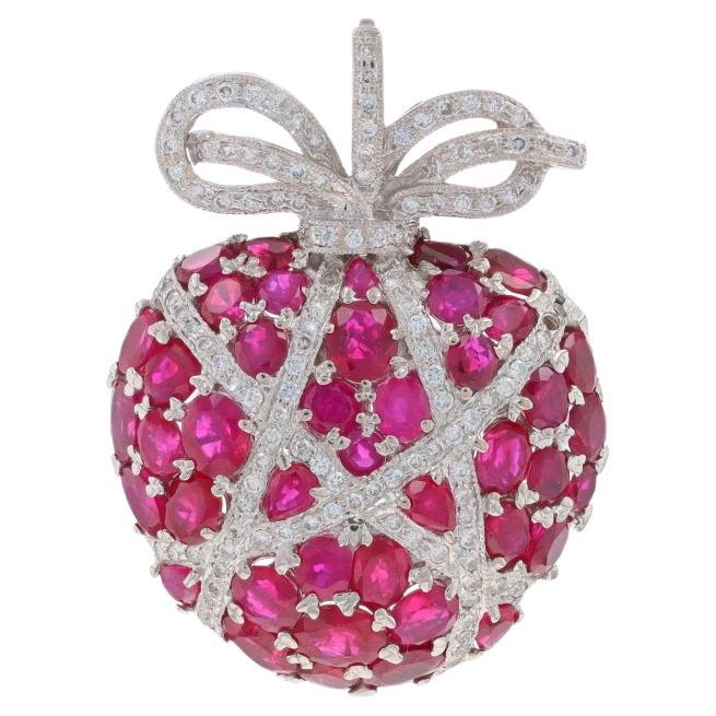 White Gold Ruby Diamond Cluster Pendant - 18k Oval 5.23ctw Ribbon Heart MIlgrain