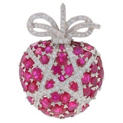 White Gold Ruby Diamond Cluster Pendant - 18k Oval 5.23ctw Ribbon Heart MIlgrain