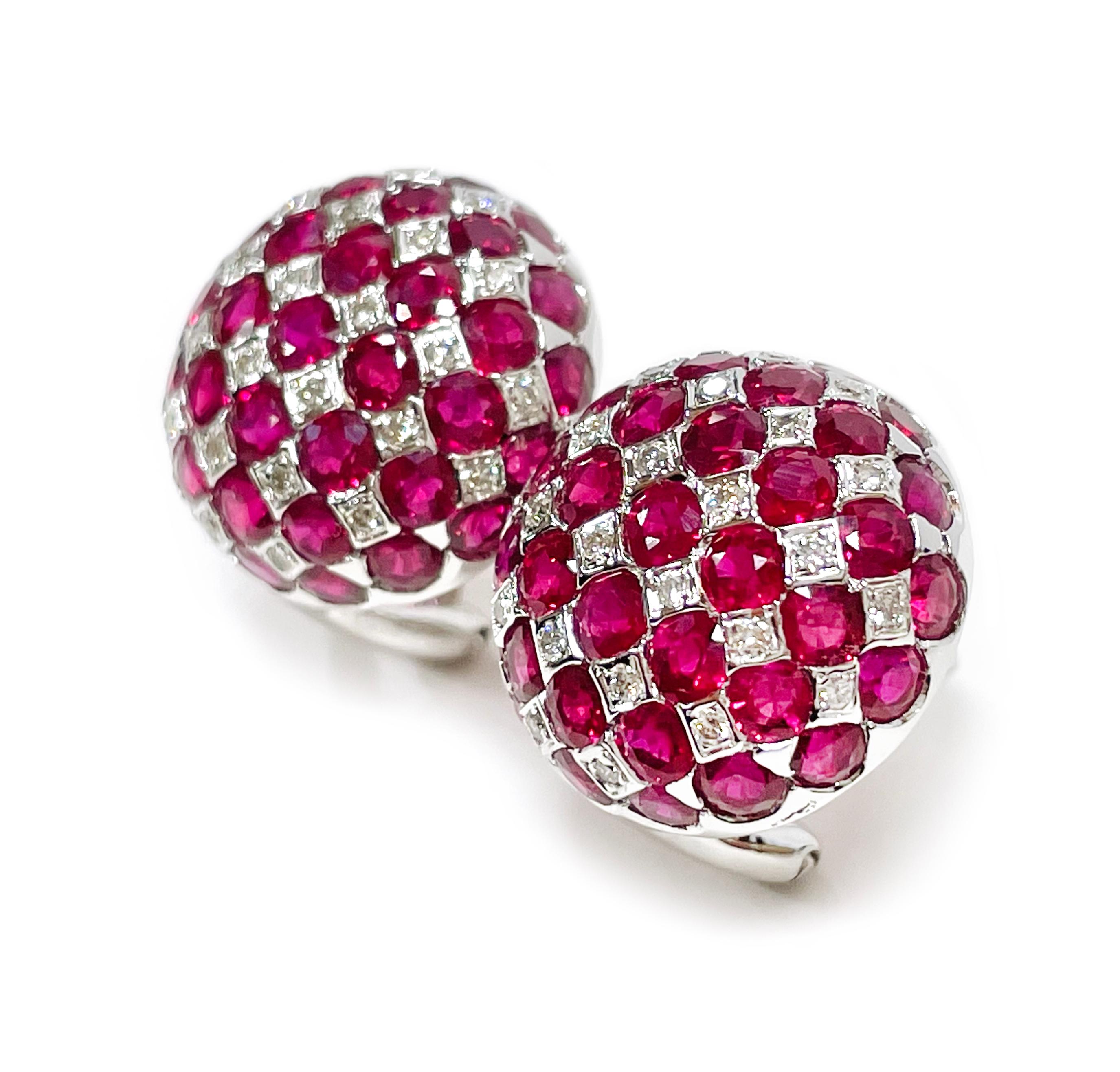 18 Karat White Gold Ruby Diamond Earrings. The earrings feature seventy-four pavé-set 3.0mm round rubies and forty-eight round melee pave-set diamonds in a checkerboard pattern. The rubies have a total carat weight of 9.62ctw and the diamonds total