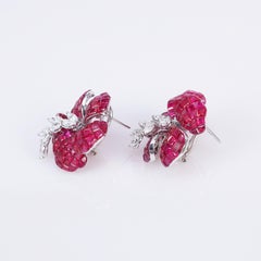 White Gold Ruby Diamond Flower Stud Earrings