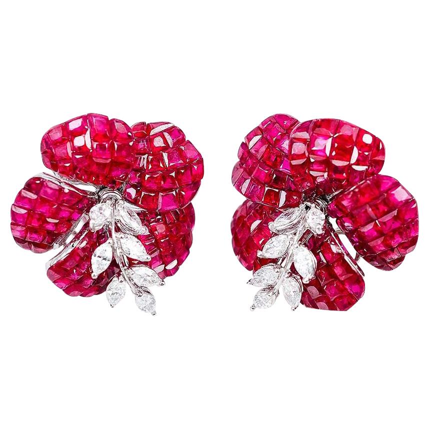 White Gold Ruby Diamond Flower Stud Earrings For Sale