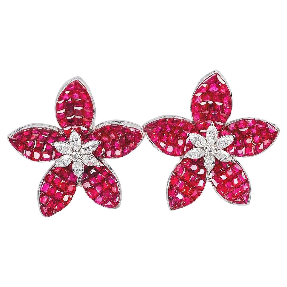 White Gold Ruby Diamond Flower Stud Earrings For Sale