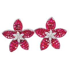 White Gold Ruby Diamond Flower Stud Earrings
