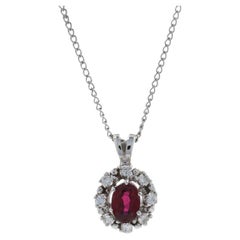White Gold Ruby 
Diamond Halo Pendant Necklace, 14k Oval Cut .90ctw
