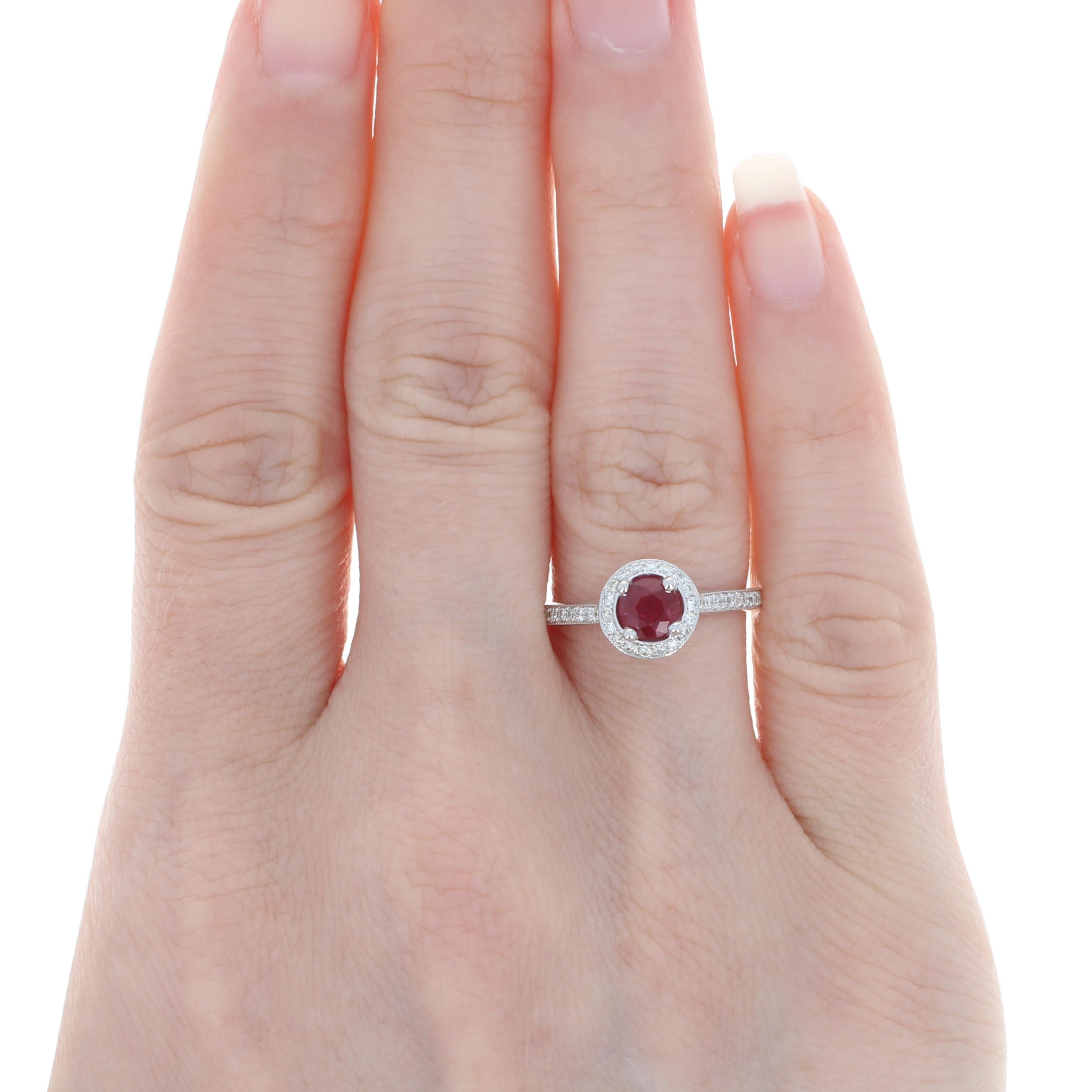 Round Cut White Gold Ruby and Diamond Halo Ring, 14 Karat Round .74 Carat Cathedral For Sale