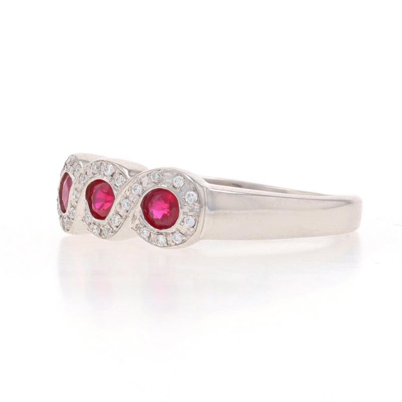 White Gold Ruby & Diamond Ring - 14k Round .57ctw Three-Stone Halo In Excellent Condition For Sale In Greensboro, NC