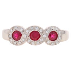 White Gold Ruby & Diamond Ring - 14k Round .57ctw Three-Stone Halo