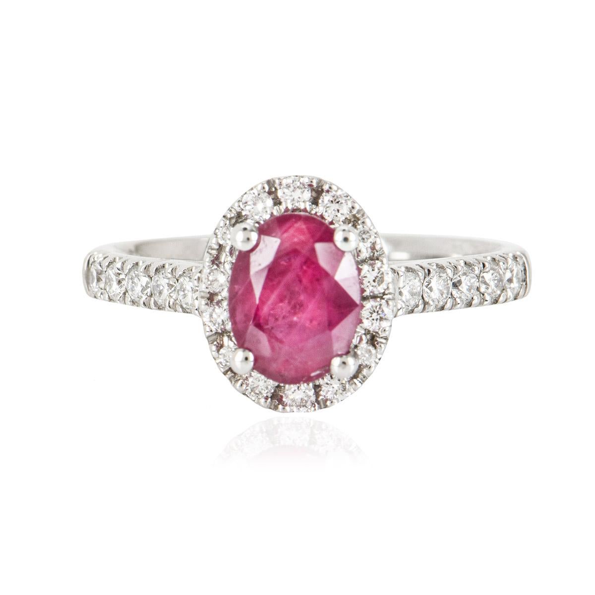 Oval Cut White Gold Ruby and Diamond Ring 1.53 Carat For Sale