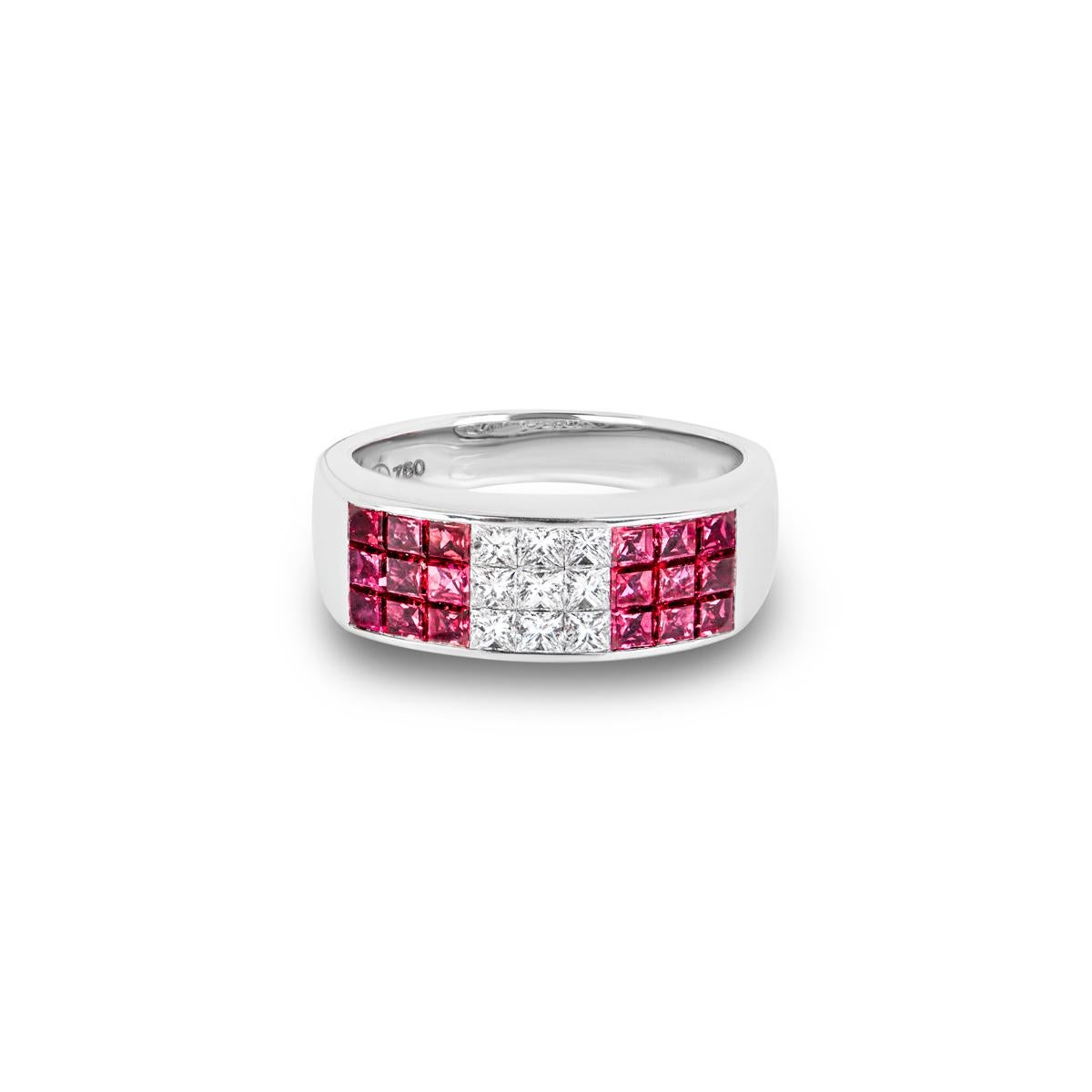 Square Cut White Gold Ruby & Diamond Set Ring For Sale