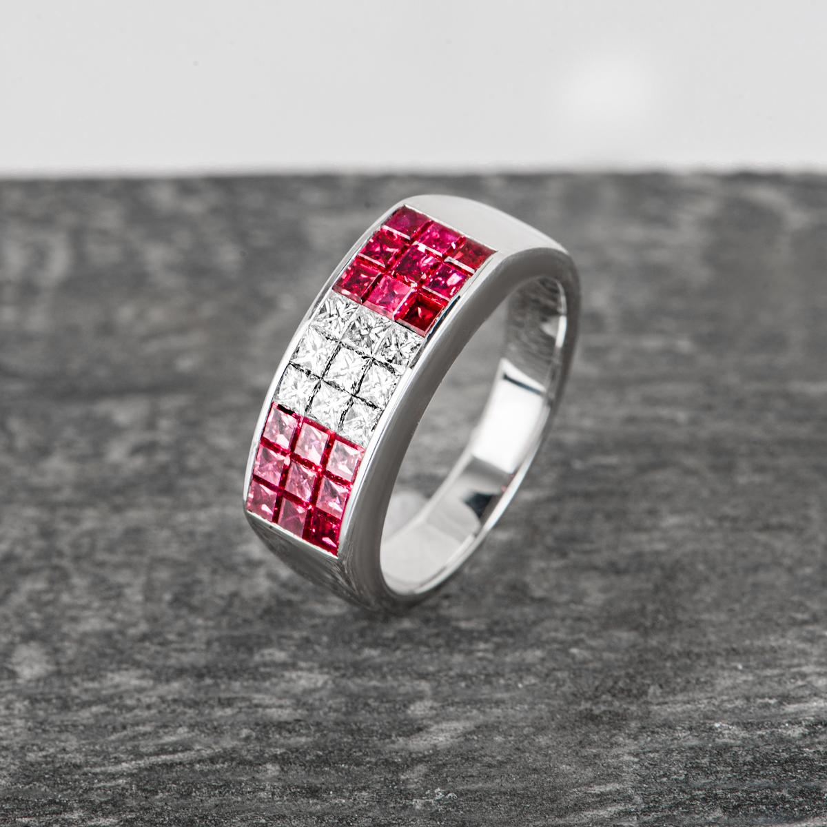 Women's or Men's White Gold Ruby & Diamond Set Ring For Sale