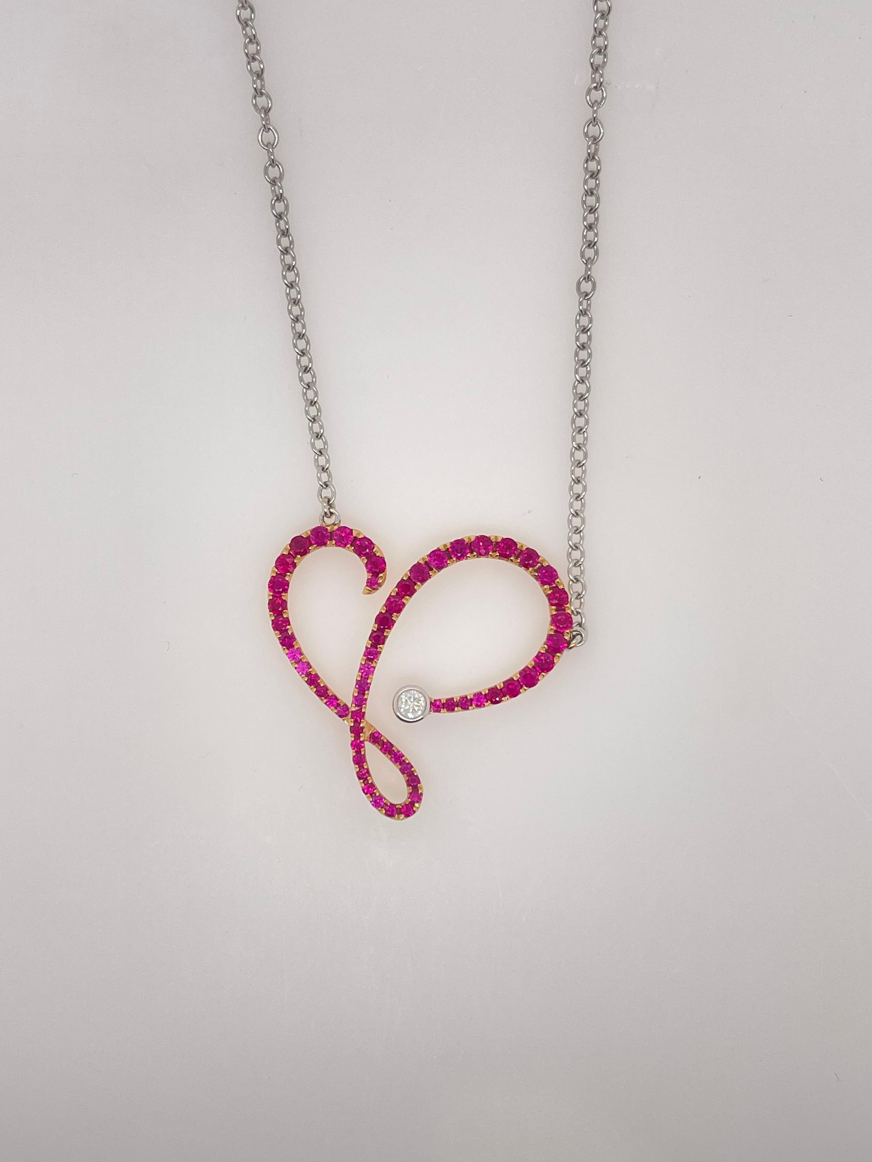 White Gold Ruby & Diamond Swirl Pendant Necklace In New Condition In Toronto, CA